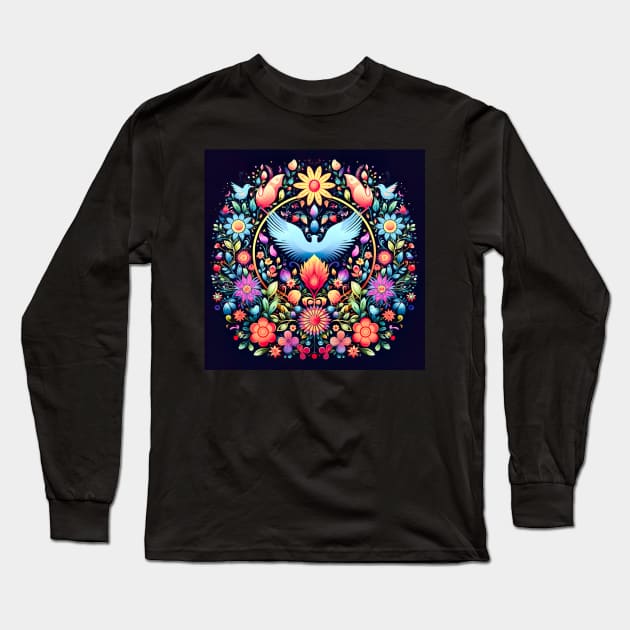 Love Peace and Harmony Flower Pattern with Blue Wings Long Sleeve T-Shirt by Owndigiart